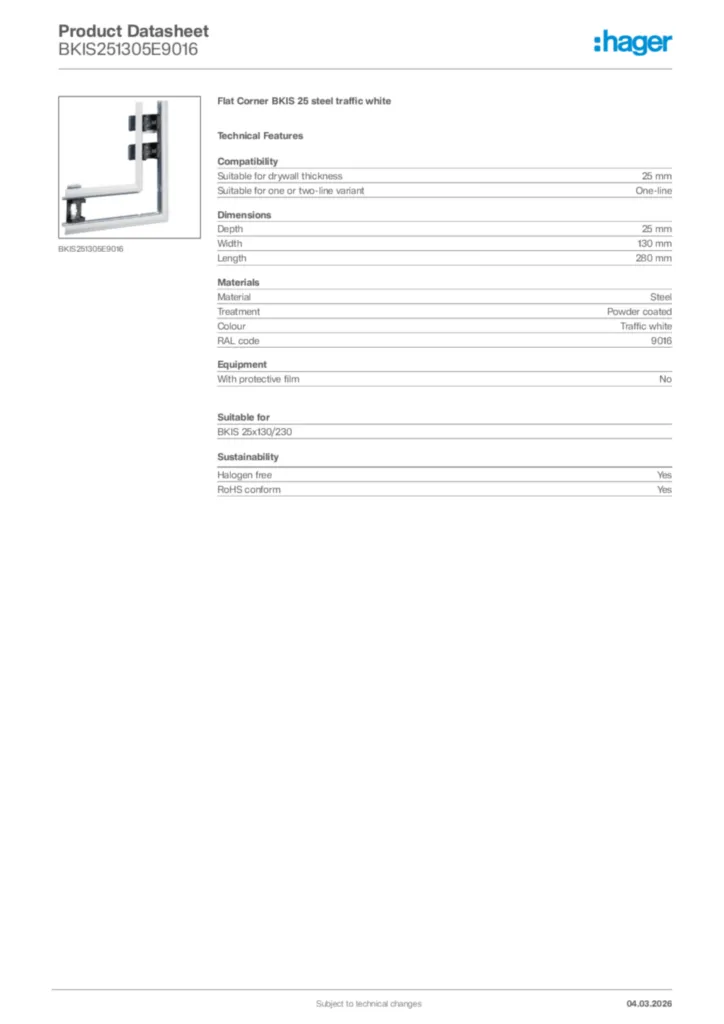 Image Hager Product data sheet BKIS251305E9016  | Hager Africa