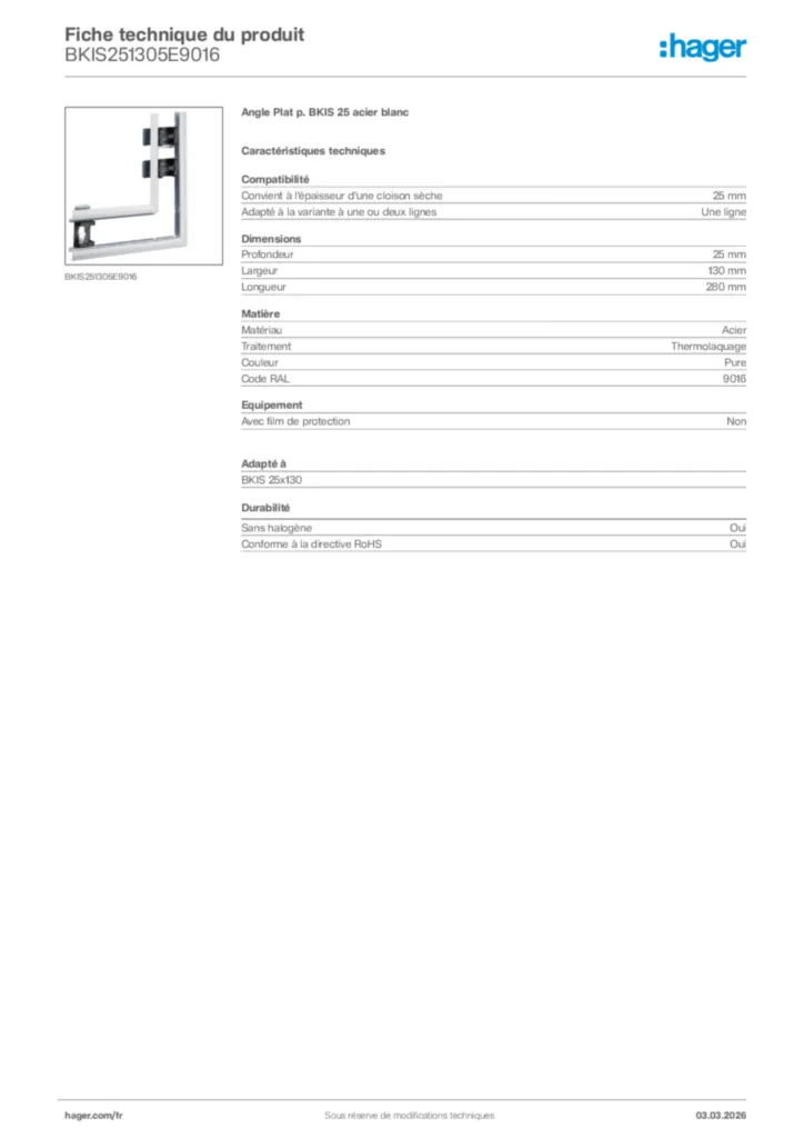 Image Hager Fiche technique du produit BKIS251305E9016 | Hager France