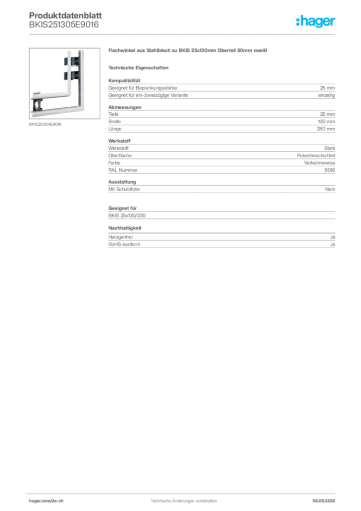 Bild Hager Produktdatenblatt BKIS251305E9016 | Hager Schweiz
