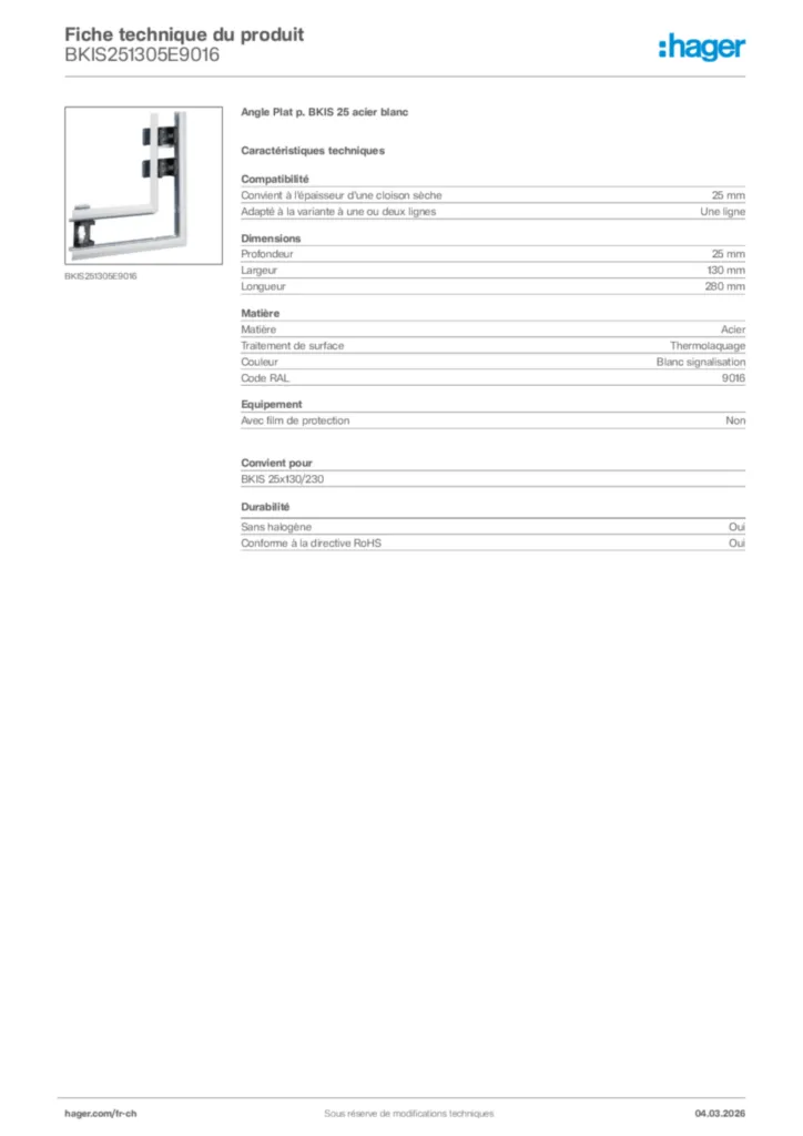 Image Hager Fiche technique du produit BKIS251305E9016 | Hager Suisse
