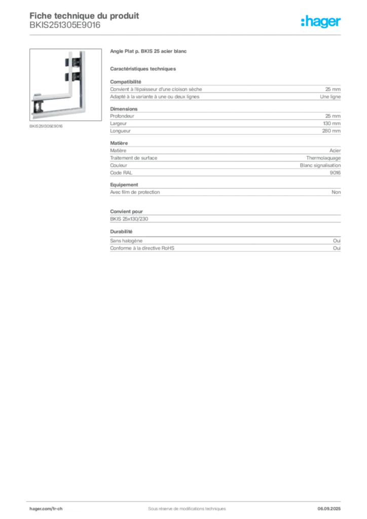 Image Hager Fiche technique du produit BKIS251305E9016 | Hager Suisse