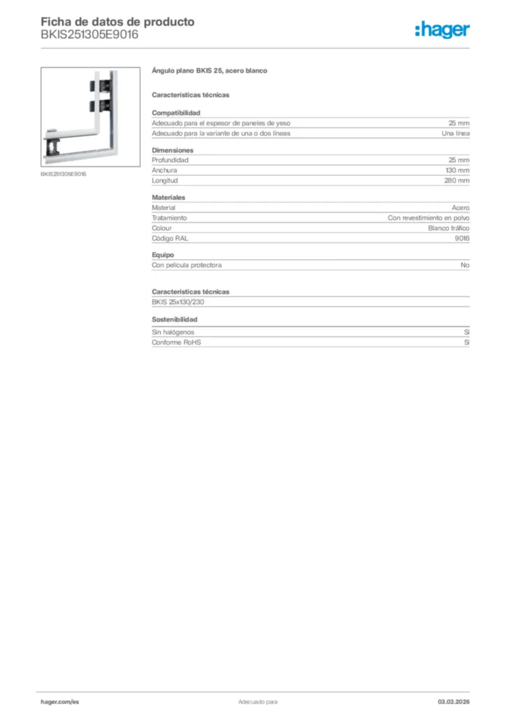 Imagen Hager Ficha de datos de producto BKIS251305E9016 | Hager España