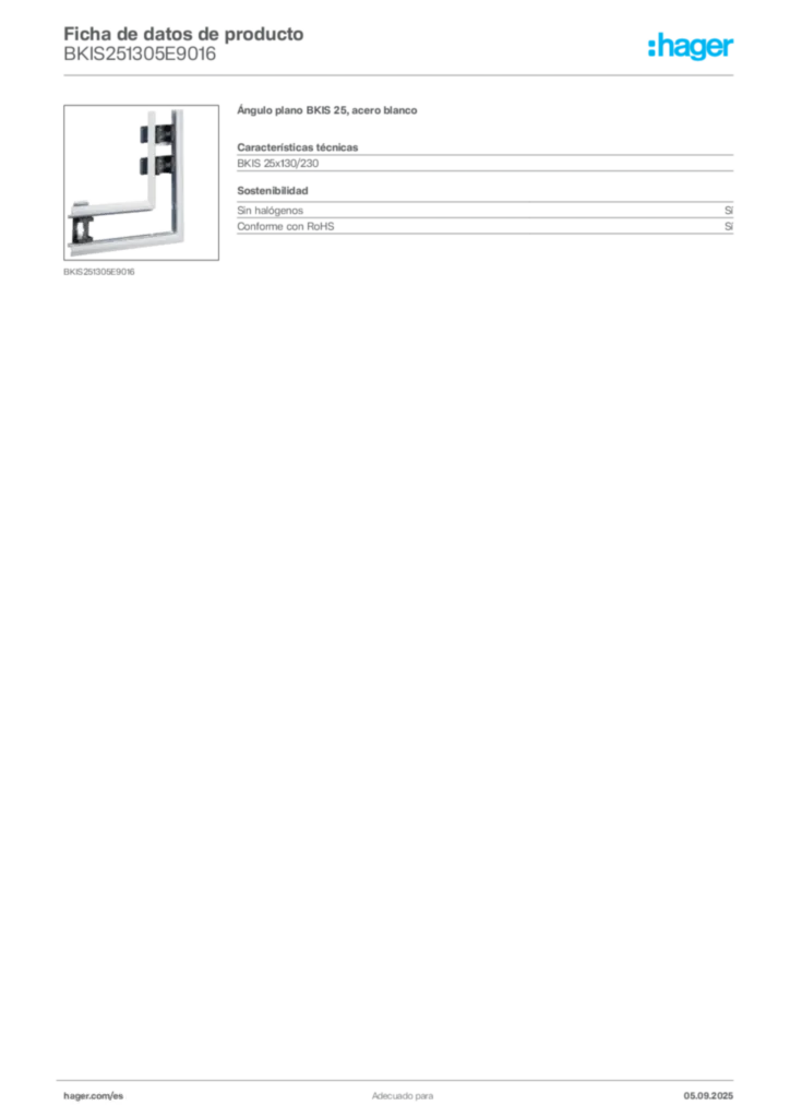 Imagen Hager Ficha de datos de producto BKIS251305E9016 | Hager España