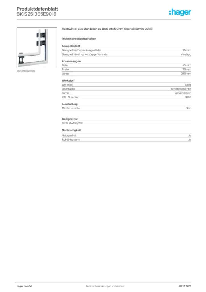 Bild Hager Produktdatenblatt BKIS251305E9016 | Hager Deutschland