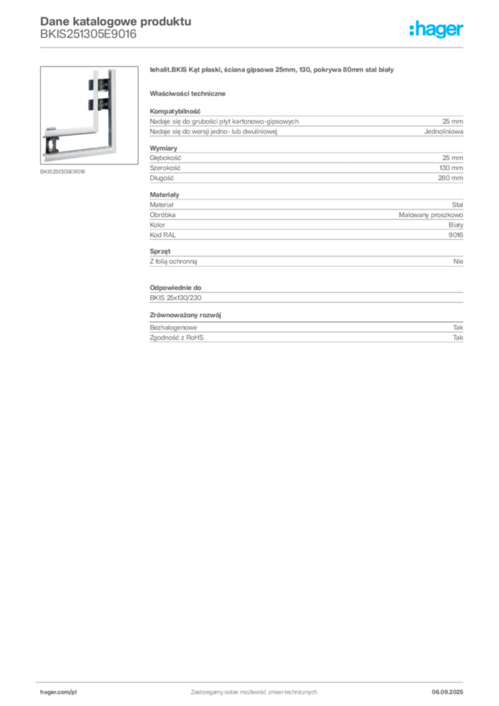 Zdjęcie Hager Dane katalogowe produktu BKIS251305E9016 | Hager Polska
