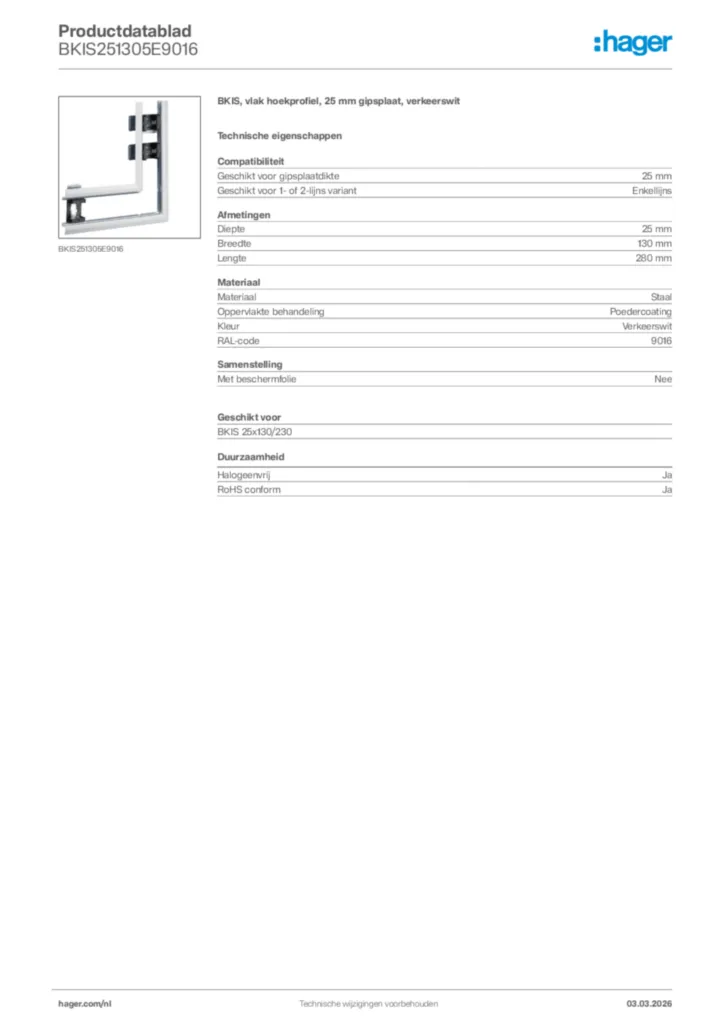 Afbeelding Hager Productdatablad BKIS251305E9016 | Hager Nederland