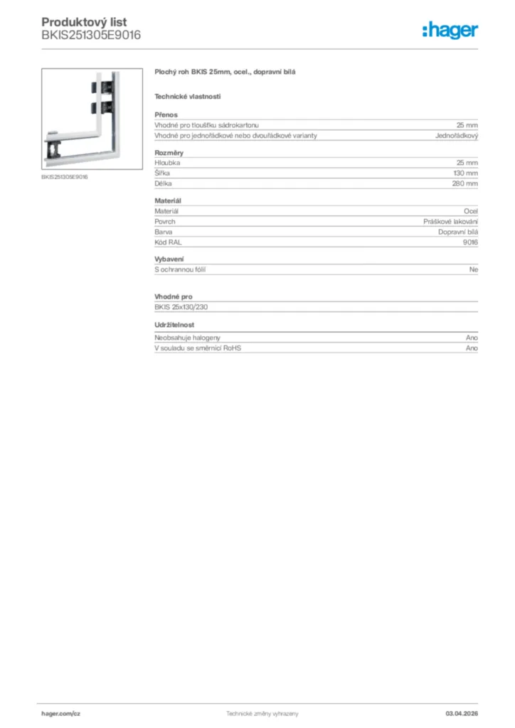 Obrázek Hager Product data sheet BKIS251305E9016 | Hager