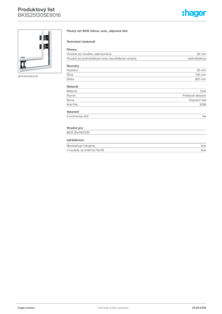 Obrázek Hager Produktový list BKIS251305E9016 | Hager