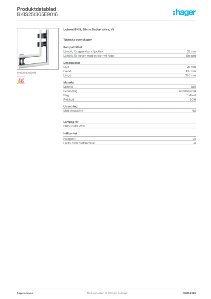 Bild Hager Produktdatablad BKIS251305E9016 | Hager Sverige