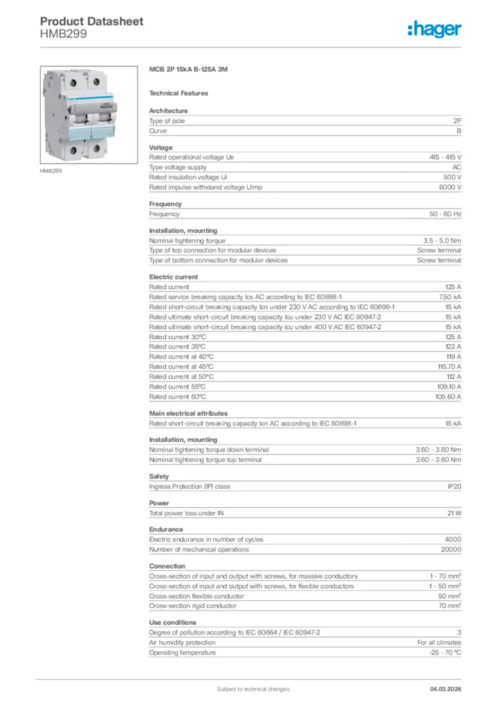 Image Hager Product data sheet HMB299  | Hager Africa