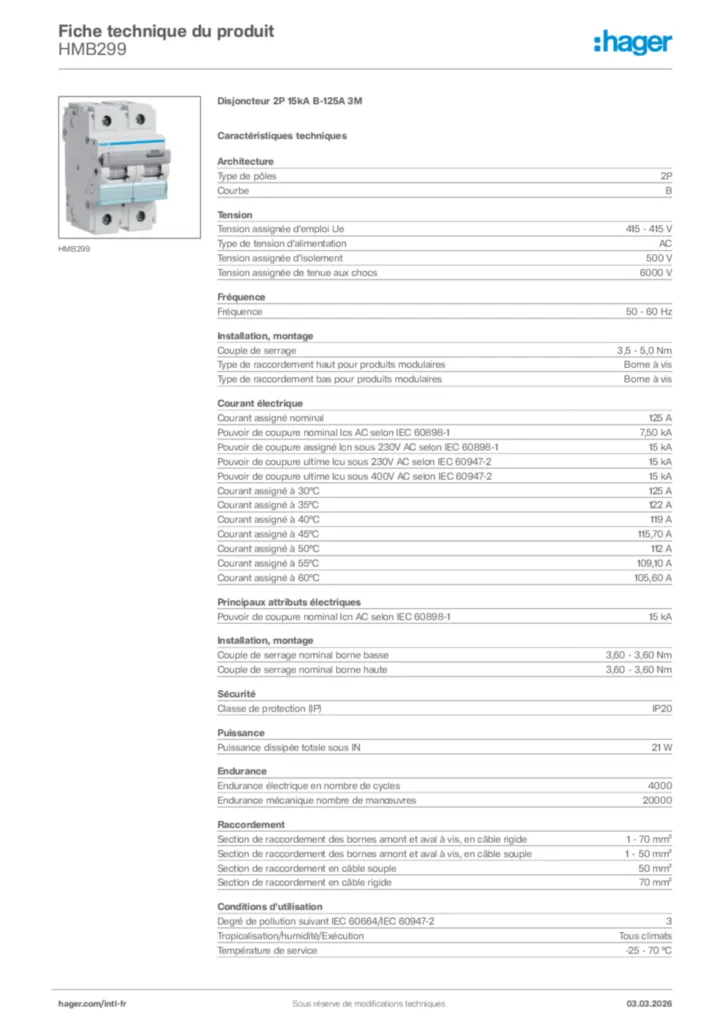 Image Hager Fiche technique du produit HMB299 | Hager Afrique