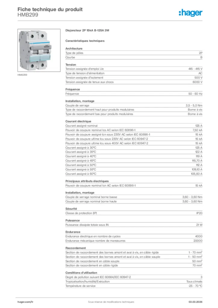 Image Hager Fiche technique du produit HMB299 | Hager France