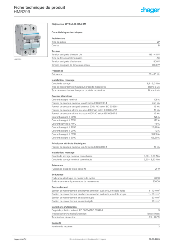 Image Hager Fiche technique du produit HMB299 | Hager France