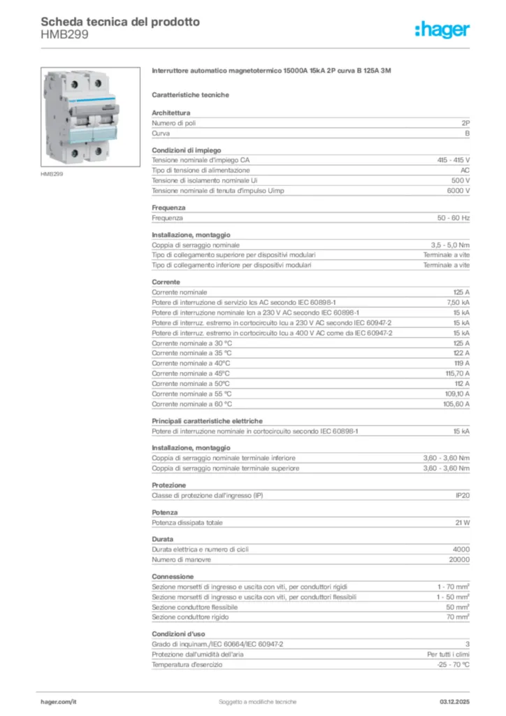 Immagine Hager Scheda tecnica del prodotto HMB299 | Hager Italia