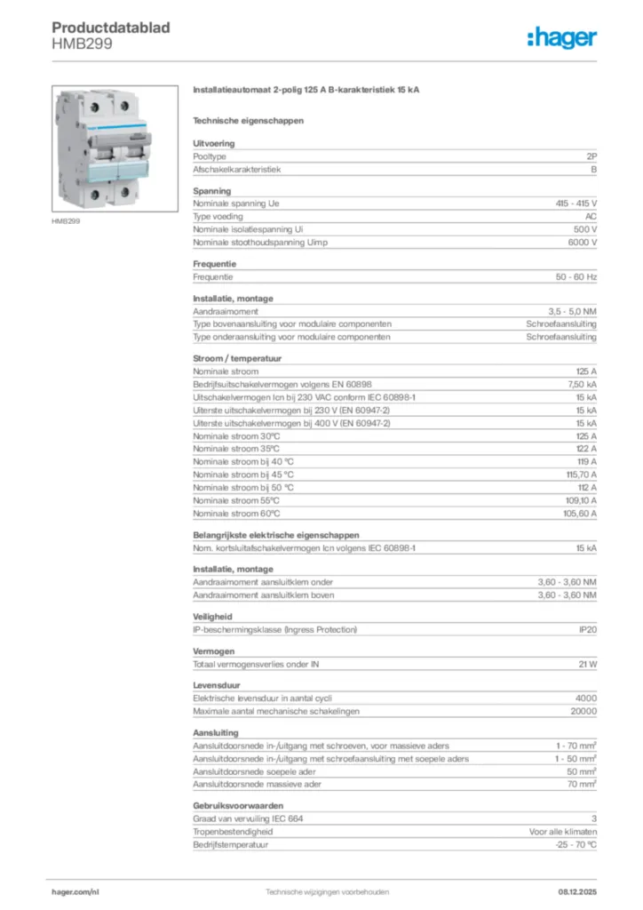 Afbeelding Hager Productdatablad HMB299 | Hager Nederland