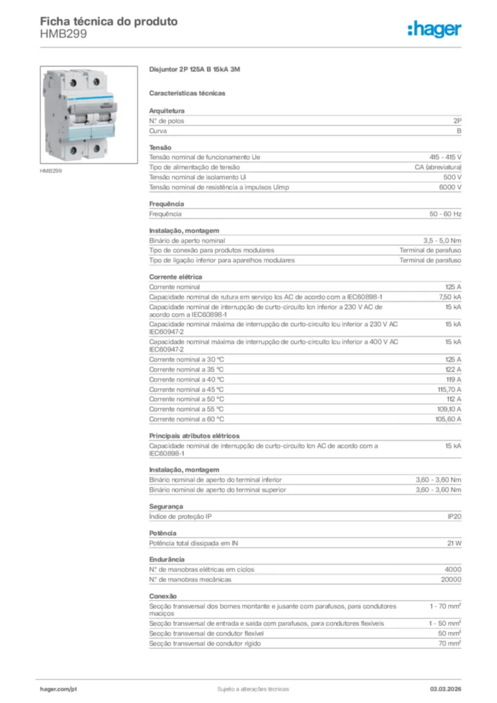 Imagem Hager Ficha técnica do produto HMB299 | Hager Portugal