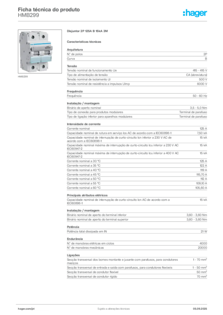 Imagem Hager Ficha técnica do produto HMB299 | Hager Portugal