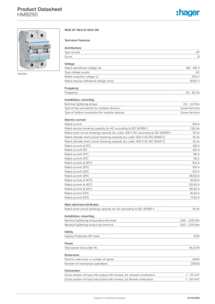 Image Hager Product data sheet HMB290  | Hager Africa