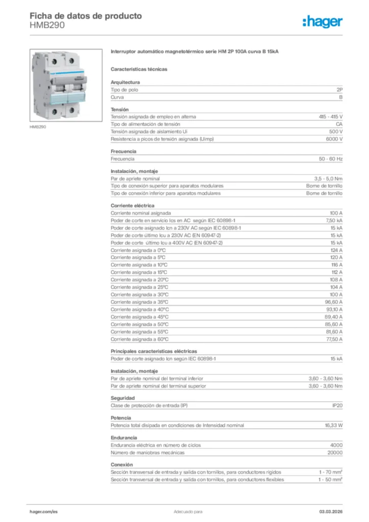 Imagen Hager Ficha de datos de producto HMB290 | Hager España