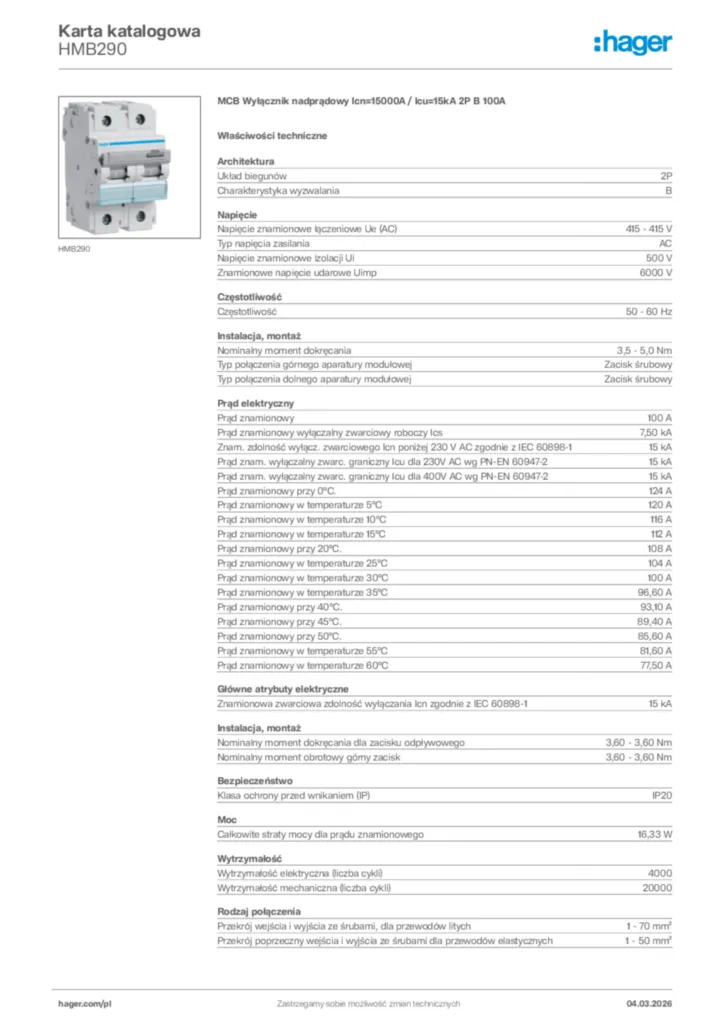 Zdjęcie Hager Karta katalogowa HMB290 | Hager Polska