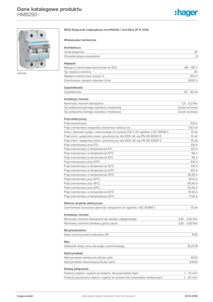 Zdjęcie Hager Karta katalogowa HMB290 | Hager Polska