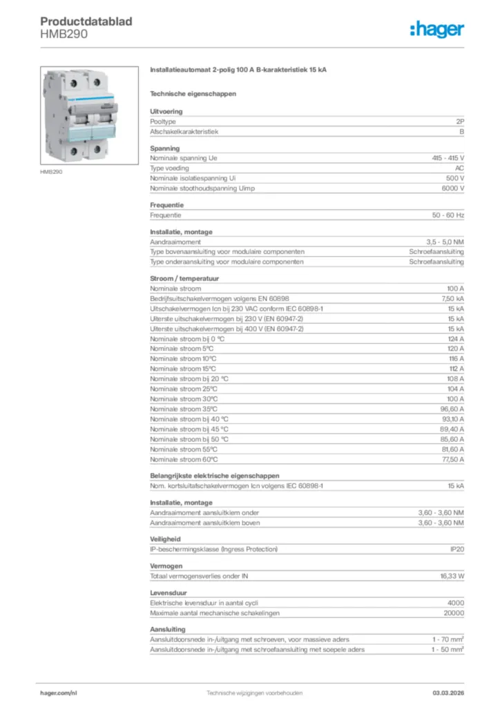 Afbeelding Hager Productdatablad HMB290 | Hager Nederland