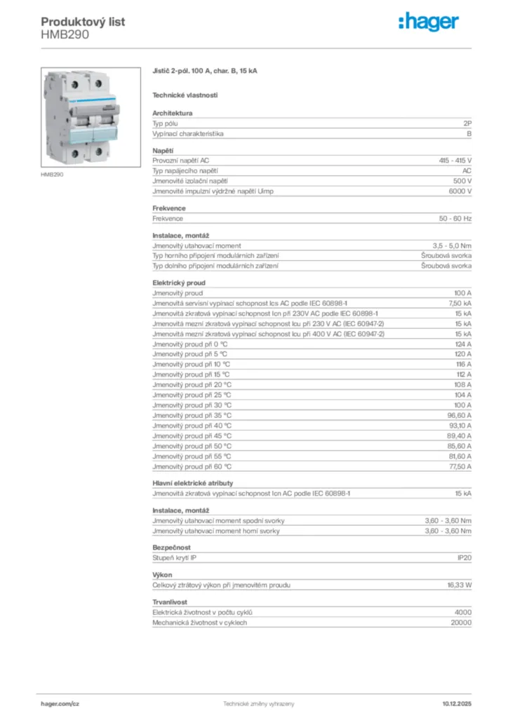 Obrázek Hager Produktový list HMB290 | Hager