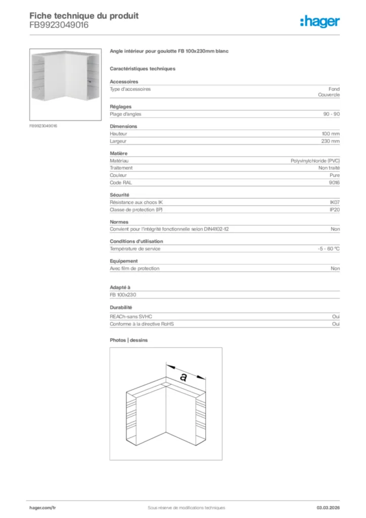 Image Hager Fiche technique du produit FB9923049016 | Hager France