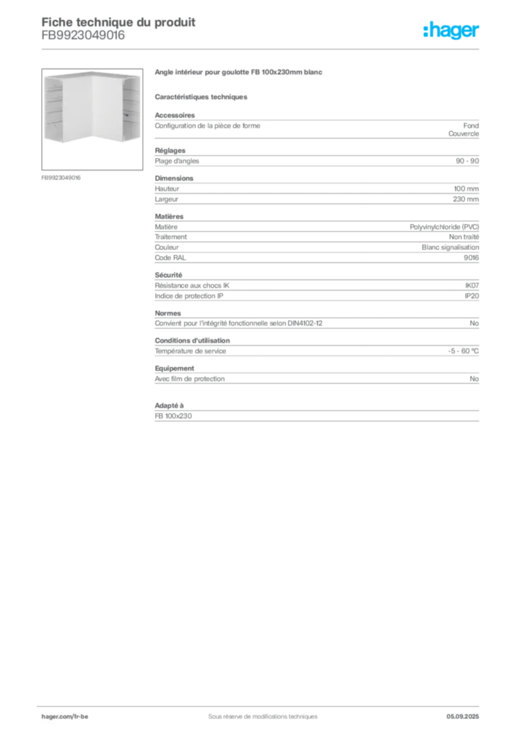 Image Hager Fiche technique du produit FB9923049016 | Hager Belgique