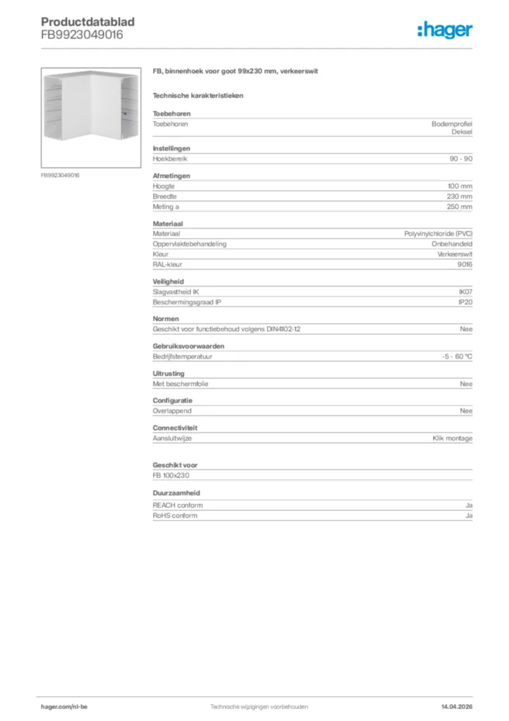Afbeelding Hager Productdatablad FB9923049016 | Hager Belgium