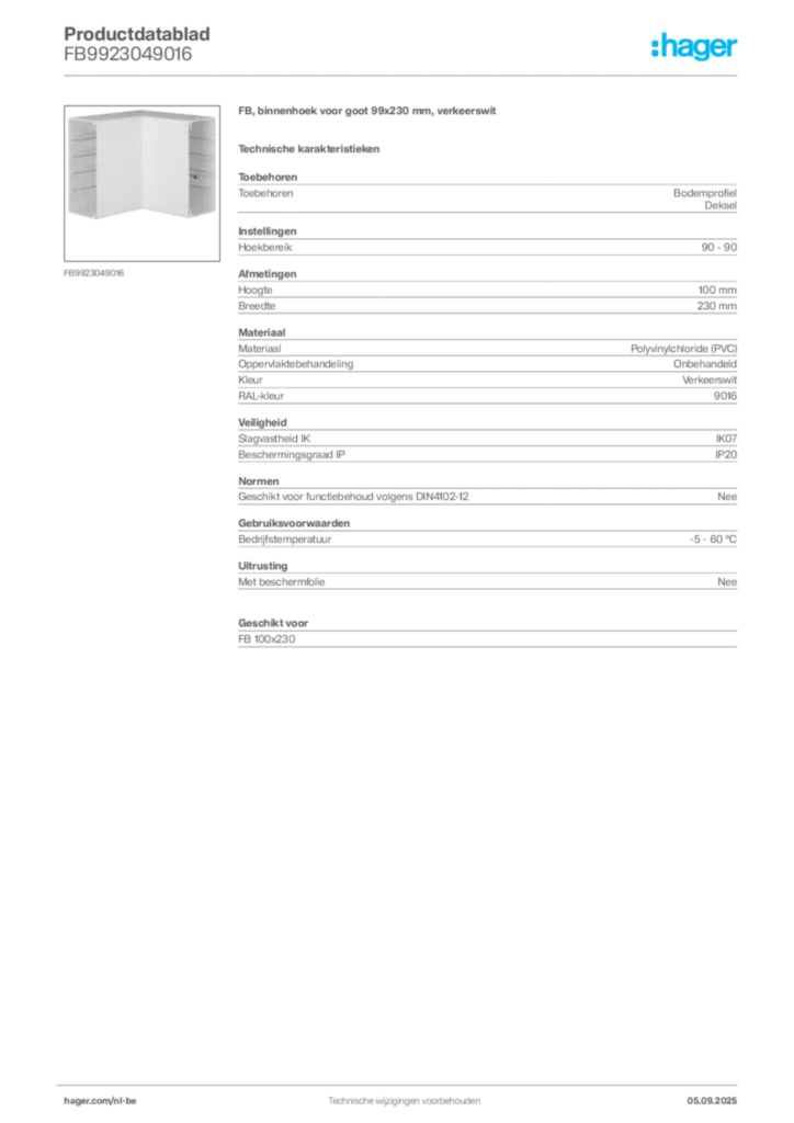 Afbeelding Hager Productdatablad FB9923049016 | Hager Belgium