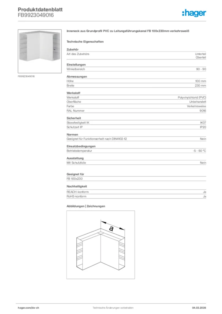 Bild Hager Produktdatenblatt FB9923049016 | Hager Schweiz