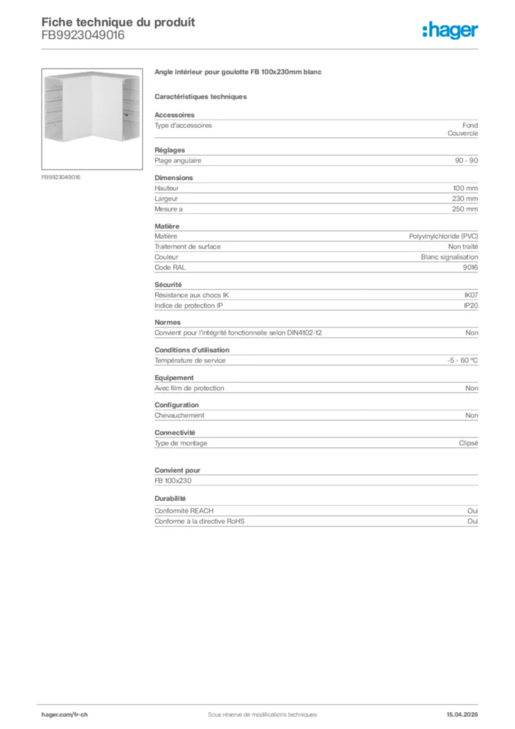 Image Hager Fiche technique du produit FB9923049016 | Hager Suisse