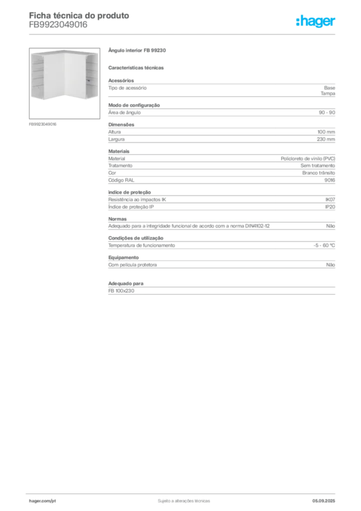 Imagem Hager Ficha técnica do produto FB9923049016 | Hager Portugal