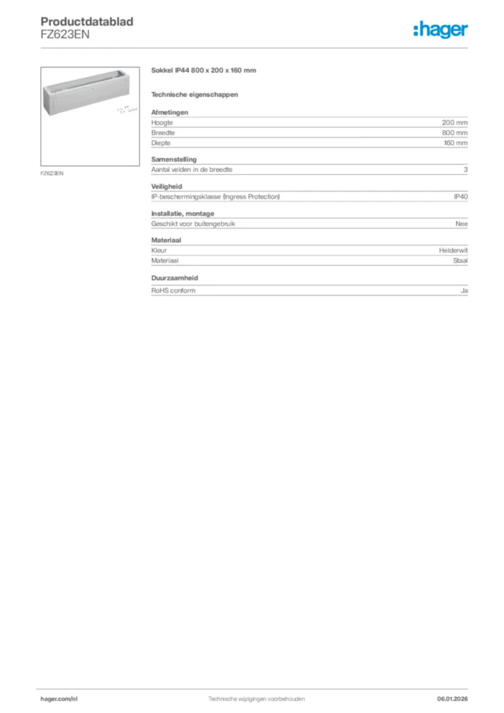 Afbeelding Hager Productdatablad FZ623EN | Hager Nederland
