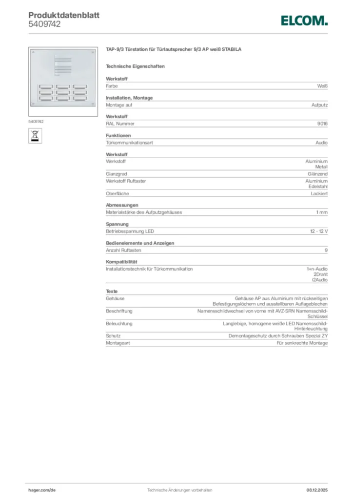 Bild Elcom Produktdatenblatt 5409742 | Hager Deutschland