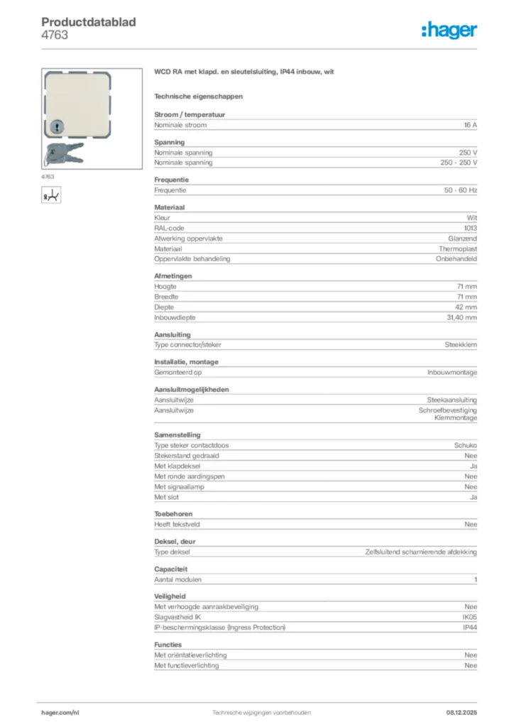 Afbeelding Hager Productdatablad 4763 | Hager Nederland