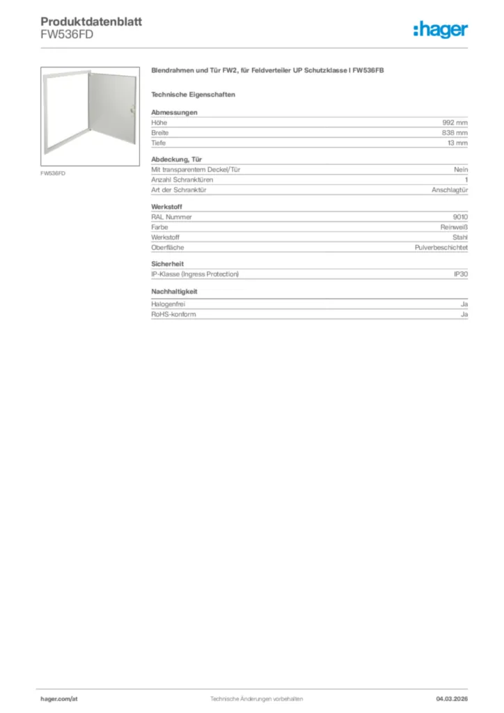 Bild Hager Produktdatenblatt FW536FD | Hager Deutschland