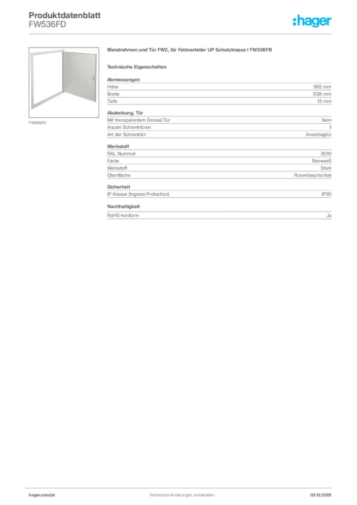 Bild Hager Produktdatenblatt FW536FD | Hager Deutschland