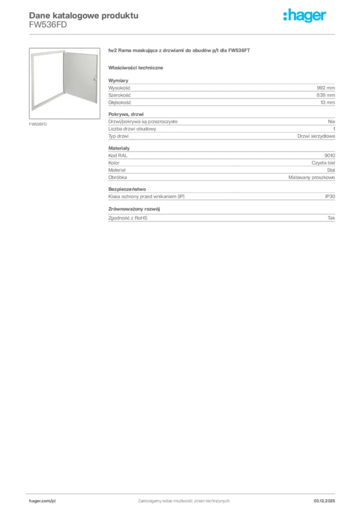 Zdjęcie Hager Dane katalogowe produktu FW536FD | Hager Polska