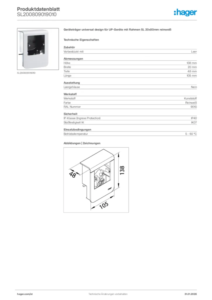 Bild Hager Produktdatenblatt SL200809019010 | Hager Deutschland