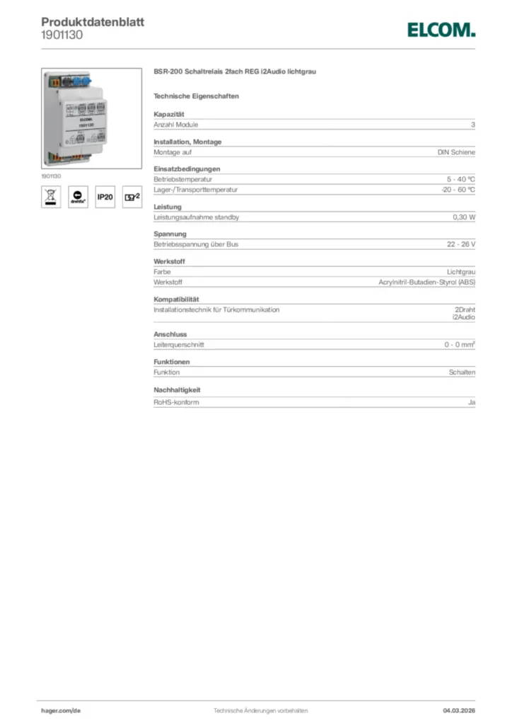 Bild Elcom Produktdatenblatt 1901130 | Hager Deutschland