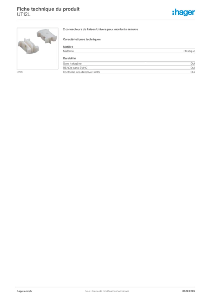 Image Hager Fiche technique du produit UT12L | Hager France
