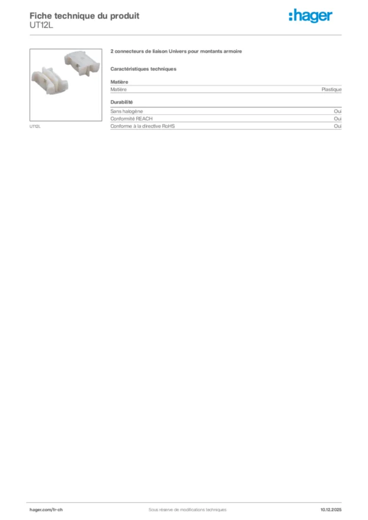 Image Hager Fiche technique du produit UT12L | Hager Suisse