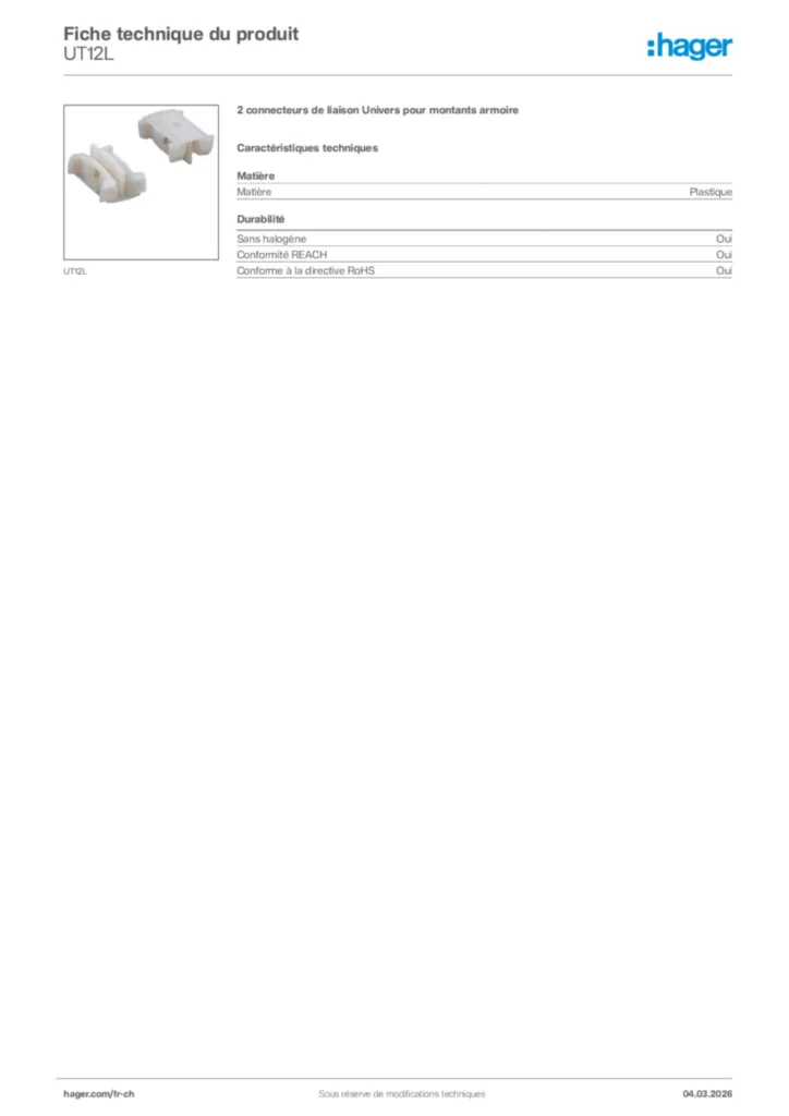 Image Hager Fiche technique du produit UT12L | Hager Suisse