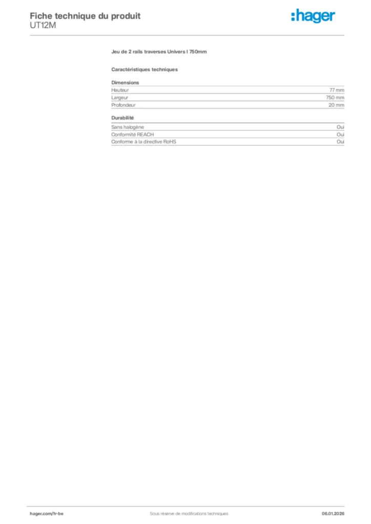 Image Hager Fiche technique du produit UT12M | Hager Belgique