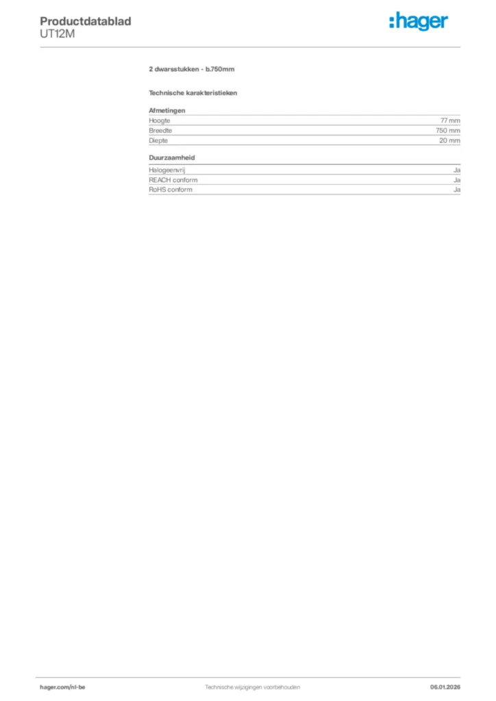 Afbeelding Hager Productdatablad UT12M | Hager Belgium