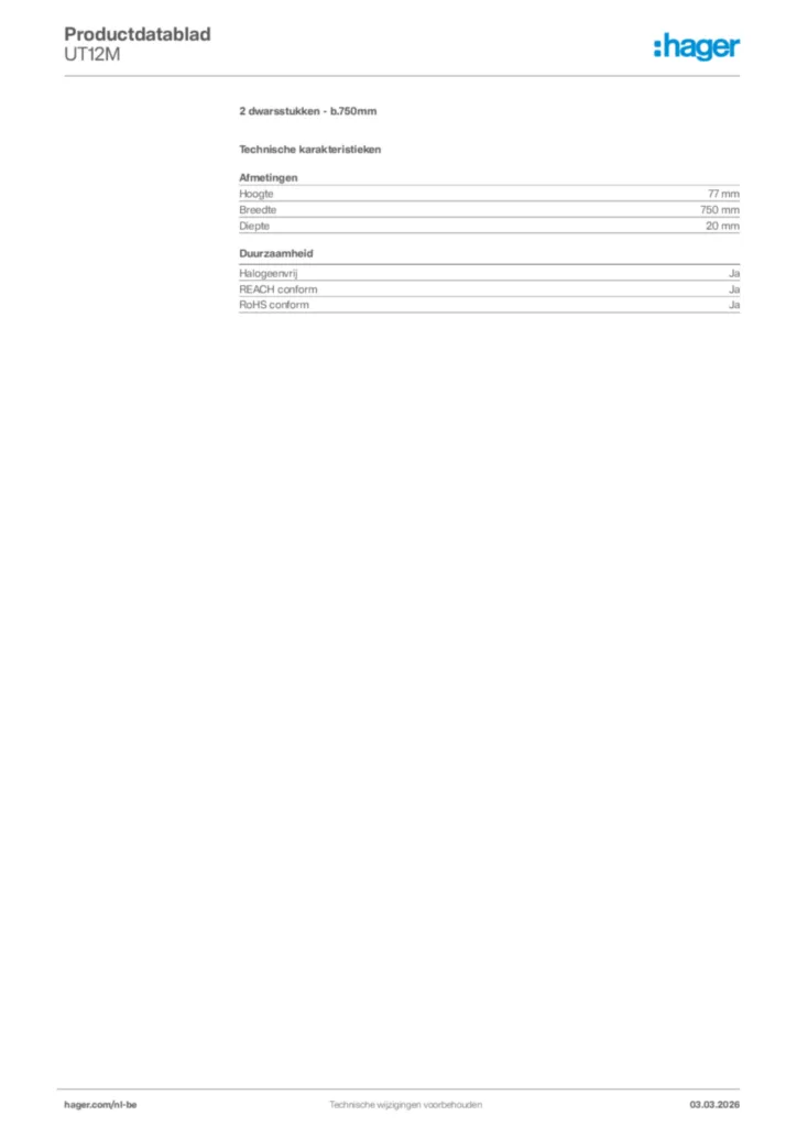 Afbeelding Hager Productdatablad UT12M | Hager Belgium