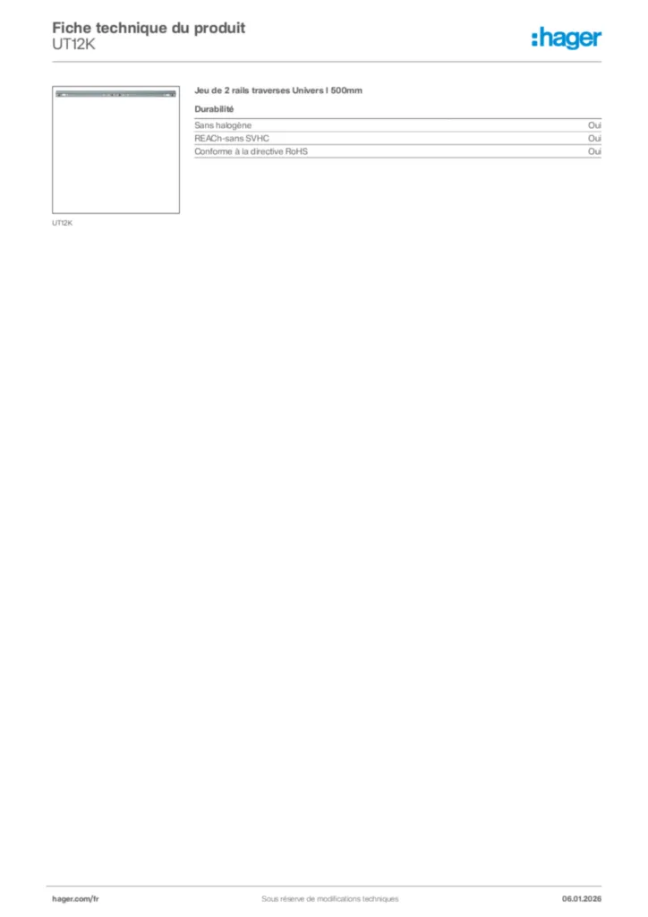 Image Hager Fiche technique du produit UT12K | Hager France