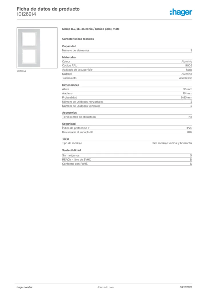 Imagen Hager Ficha de datos de producto 10126914 | Hager España